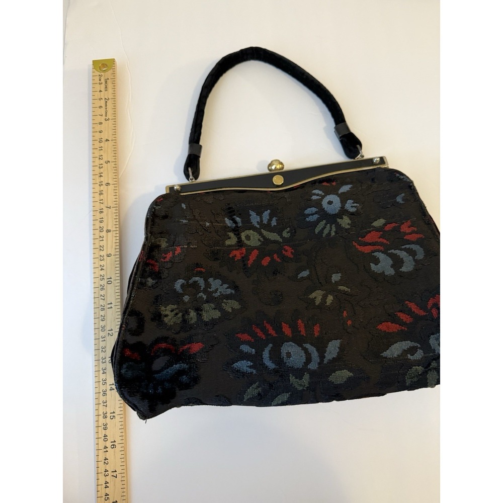 Vintage Floral Velvet Burnout Frame Bag Kiss Lock Top Handle Purse Retro 50s 60s - Picture 6 of 9